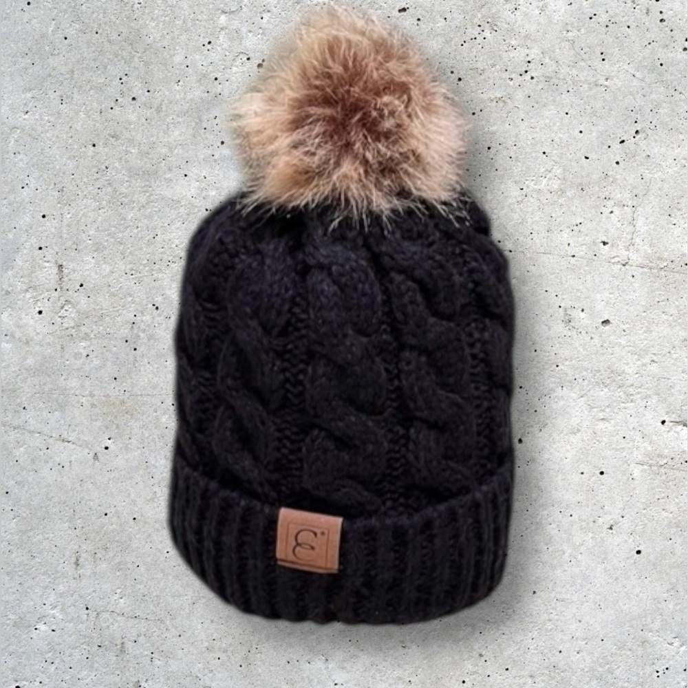 Chunky Cable Knit Beanie with Faux Fur Pom Pom